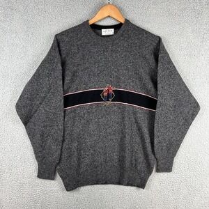 Jaeger Sweater Mens 42 in Grey 100% Lambswool Golfer Embroidered Scotland VTG
